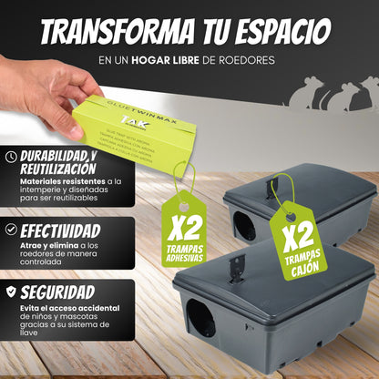 Portacebos Grandes para Ratas y Ratones con Llave de Seguridad | Pack 2 Unidades + 2 Placas Adhesivas
