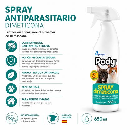 Spray Antiparasitario con Dimeticona PODY Bioplagen 650 ml | Contra Pulgas, Garrapatas y Piojos