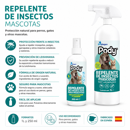 Repelente de Insectos para Mascotas PODY Life Bioplagen | Protección Natural contra Mosquitos, Pulgas y Garrapatas