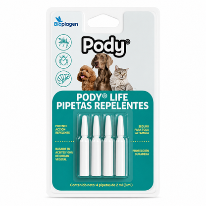 Pipetas Repelentes PODY Life Bioplagen 4 x 2 ml | Protección Natural contra Mosquitos, Pulgas y Garrapatas para Perros y Gatos