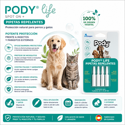 Pipetas Repelentes PODY Life Bioplagen 4 x 2 ml | Protección Natural contra Mosquitos, Pulgas y Garrapatas para Perros y Gatos