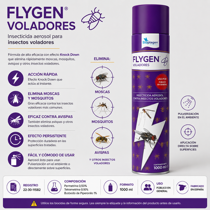 FLYGEN Voladores Aerosol Insecticida 1000 ml | Elimina Moscas, Mosquitos y Avispas | Bioplagen