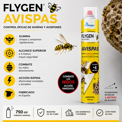 FLYGEN Avispas Aerosol 750 ml | Insecticida para Avispas y Avispones con Alcance de 4 Metros | Bioplagen