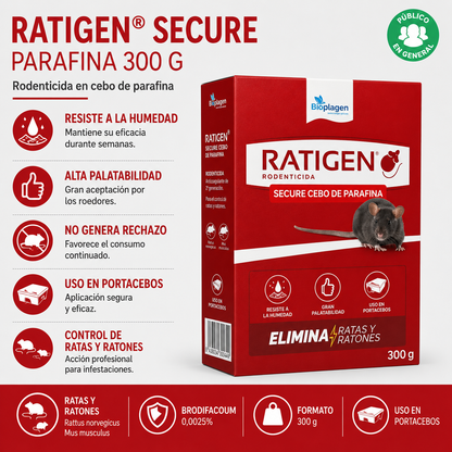 Ratigen Secure Parafina 300 g – Rodenticida en Bloques Parafinados para Ratas y Ratones