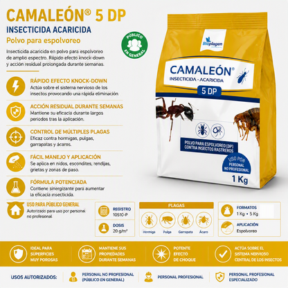 Camaleón 5 DP | Insecticida Acaricida en Polvo para Hormigas, Pulgas, Garrapatas y Ácaros
