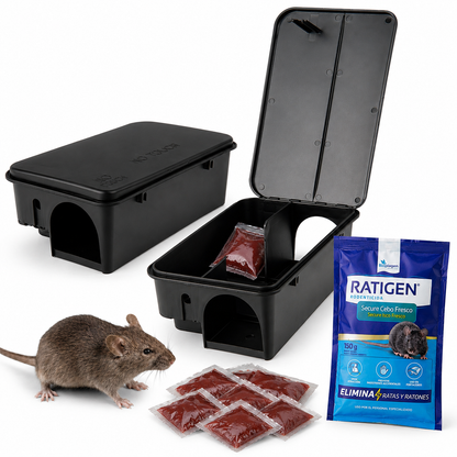 Portacebos para Ratas Pack 2 con Llave + Cebo Fresco | Trampa Profesional Interior y Exterior