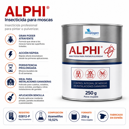 ALPHI Insecticida para Moscas Bioplagen 250 g | Azametifos 10,52% | Efecto Atrayente y Acción Persistente